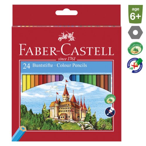 Faber-Castell 'Castle' színes ceruza készlet + 1db faragó, hatszögletű, 24 különböző szín