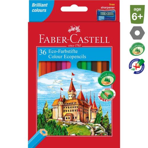 Faber-Castell 'Castle' színes ceruza készlet + 1db faragó, hatszögletű, 36 különböző szín