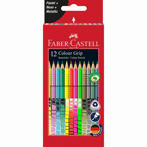 Faber-Castell 'Grip 2001' színes ceruza készlet, háromszögletű, 12 különböző szín (pasztell, neon)