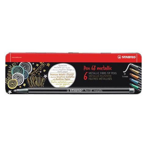Stabilo 'Pen 68 Metallic' rostirón készlet fém dobozban, 1,4mm, 6 különböző szín